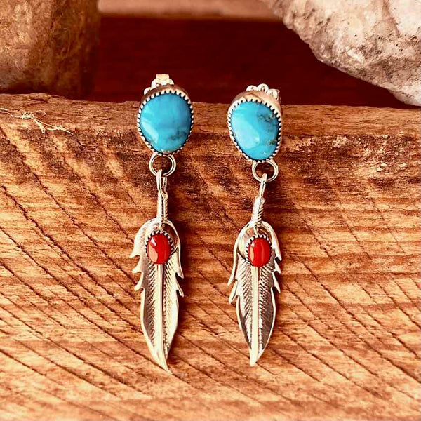 Billy Long Sterling Silver Feather w/Turquoise Dangle Earrings For Women |  eBay